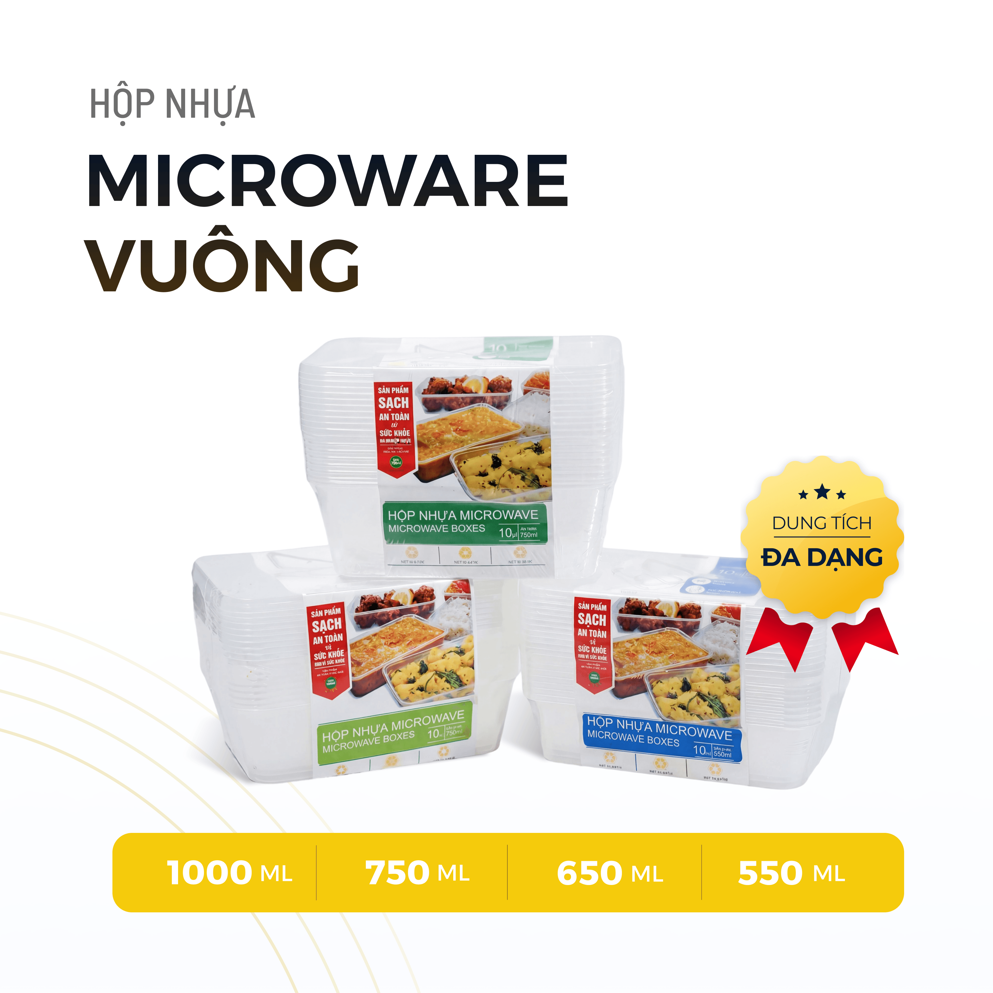 Hộp nhựa dáng vuông chịu nhiệt tốt, chuyên dùng cho lò vi sóng, đóng gói tiện lợi cho các quán ăn bọc màng co sạch sẽ
