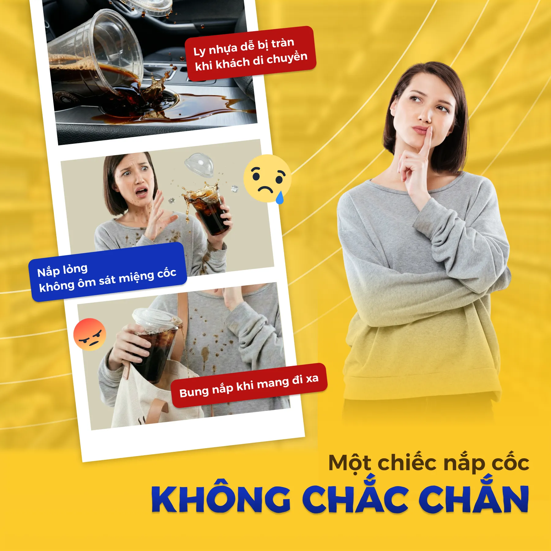 Hình ảnh cảnh báo rủi ro khi dùng nắp cốc nhựa không chắc chắn làm tràn đồ uống khi di chuyển