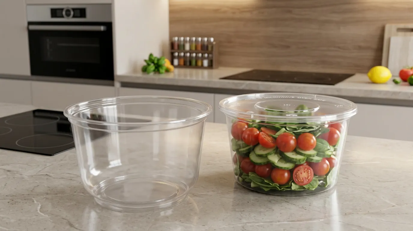 Thau nhựa tròn trong suốt đựng salad rau củ quả tươi ngon đặt trên bàn bếp