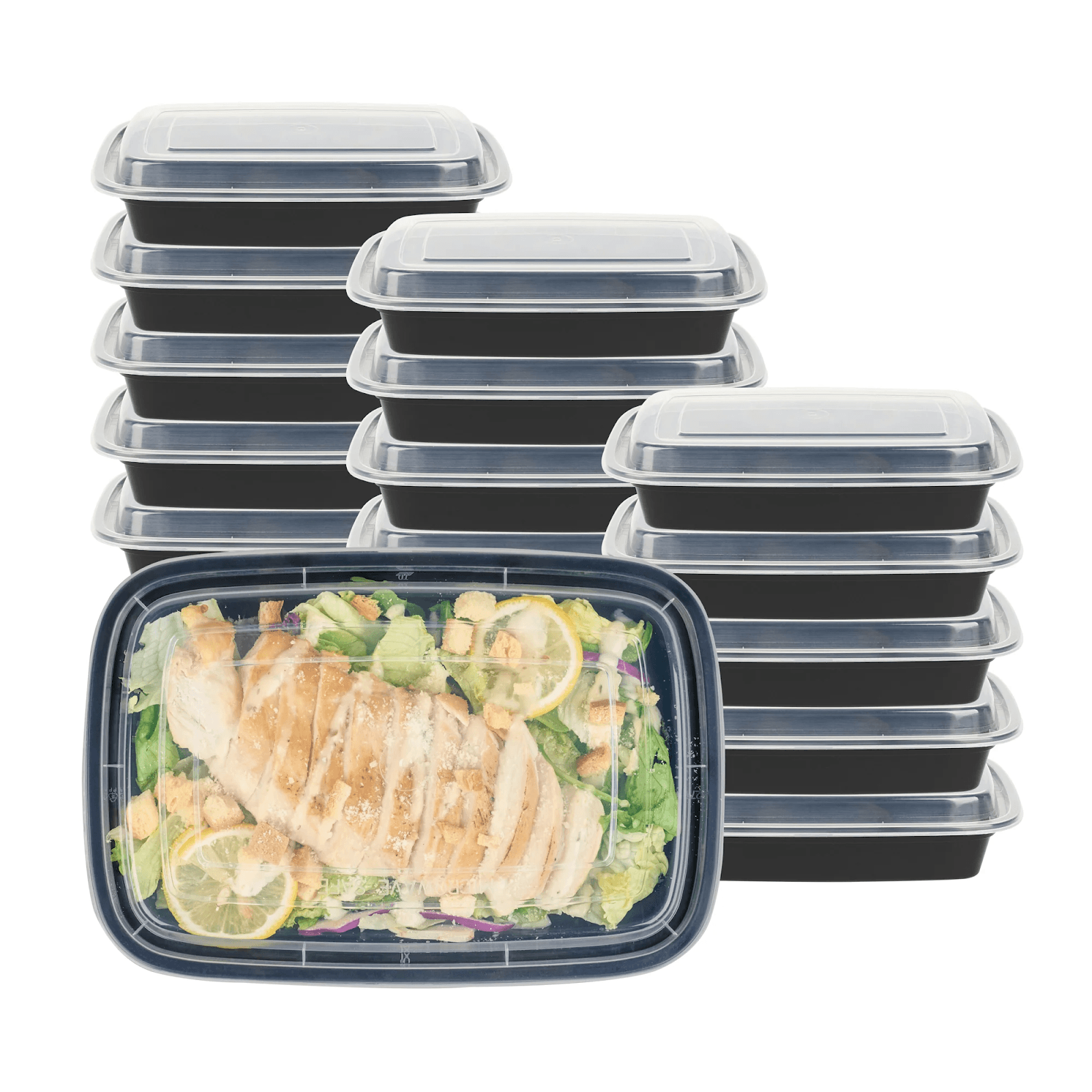 Hộp nhựa đen 1 ngăn dùng một lần đựng salad ức gà giảm cân kèm màng nắp trong suốt đóng gói chuyên nghiệp